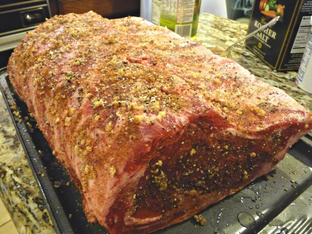 The prime rib all seasoned up and ready for the Egg.